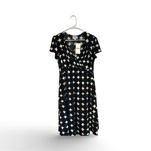 Leota Black and White Wrap Dress Short Sleeve Midi